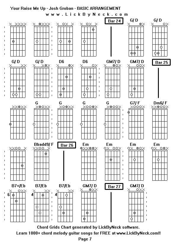 Chord Grids Chart of chord melody fingerstyle guitar song-Your Raise Me Up - Josh Groban - BASIC ARRANGEMENT,generated by LickByNeck software.